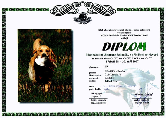 Diplom Mezinárodní všestrané zkoušky z přinášení retrieverů - Třeboň 28.9.07
